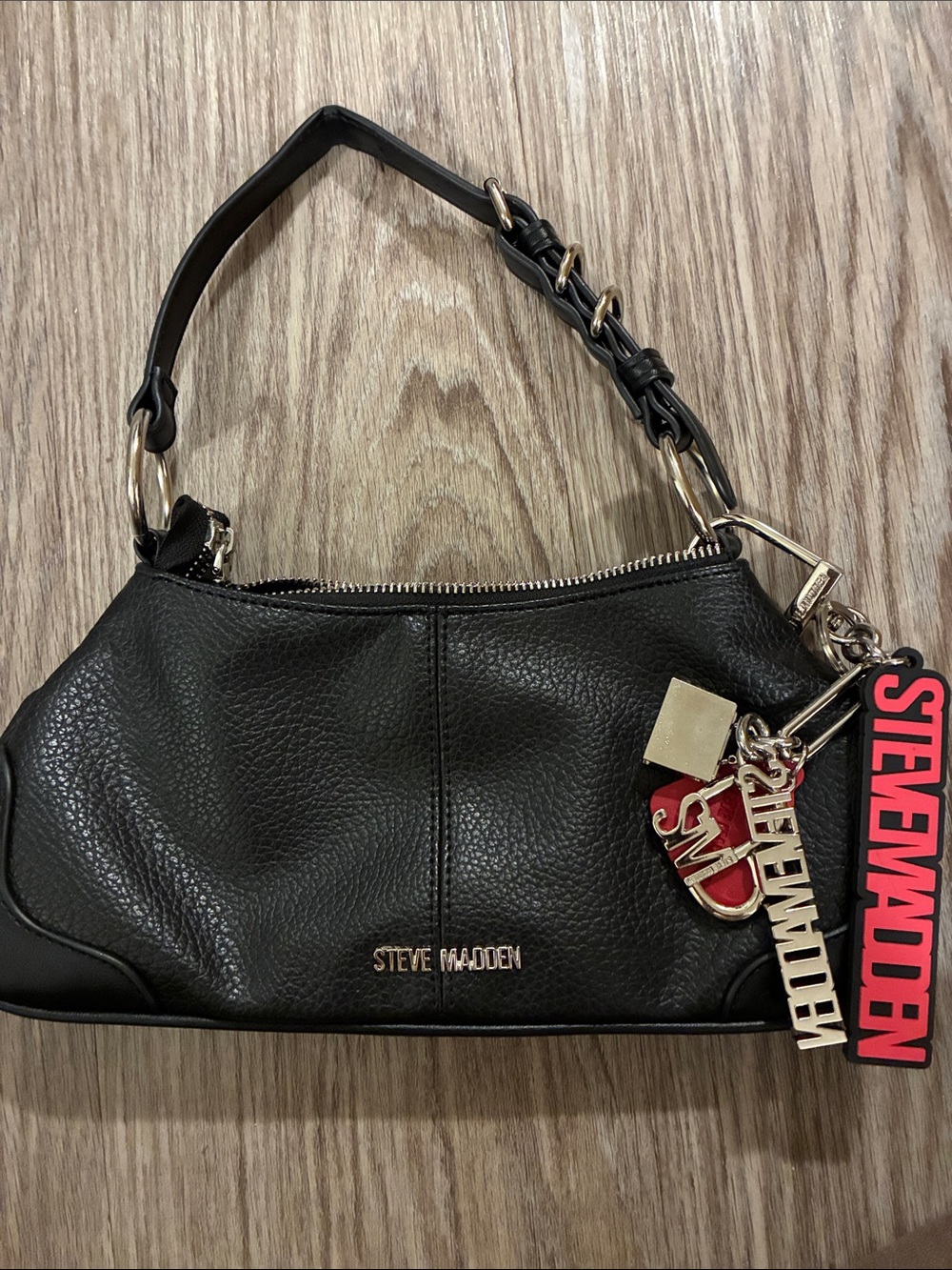 Steve Madden Black Pebbled Shoulder Bag with Branded Charm